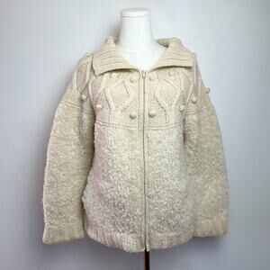 Vintage Irish Wool Zip Up Cardigan Sweater S/M Chunky Fisherman Coastal Guernsey